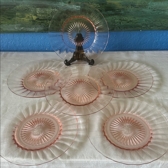 6 Vintage Heisey Ridge and Star Orchard Pink Depression Glass 7.5" Salad Plate - Picture 4 of 7